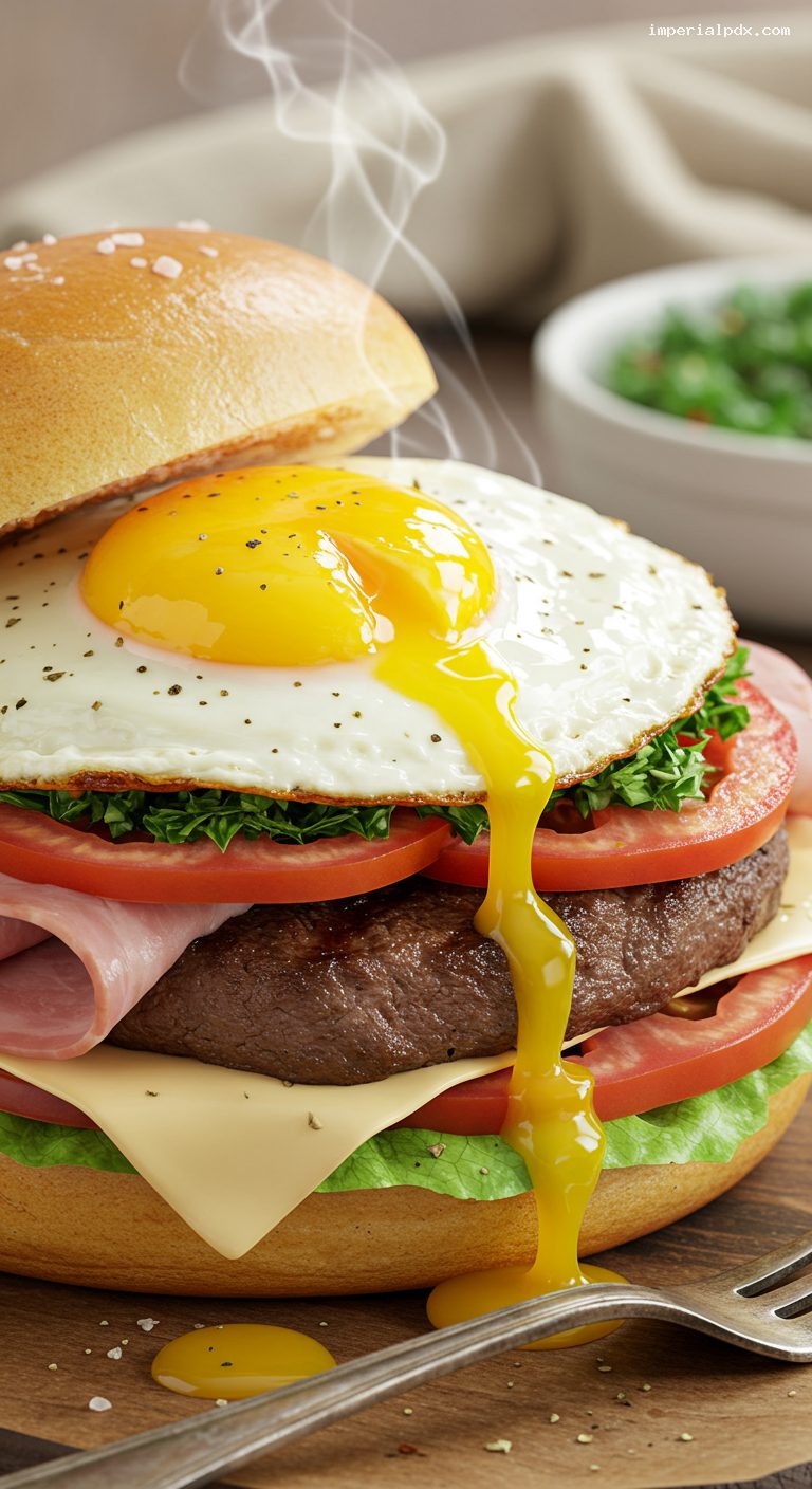 Lomito Completo Sandwich with Runny Fried Egg – Closeup