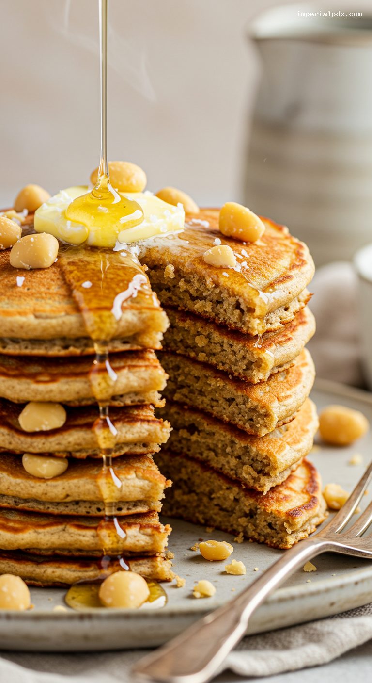 Macadamia Nut Pancakes with Coconut Syrup – Closeup