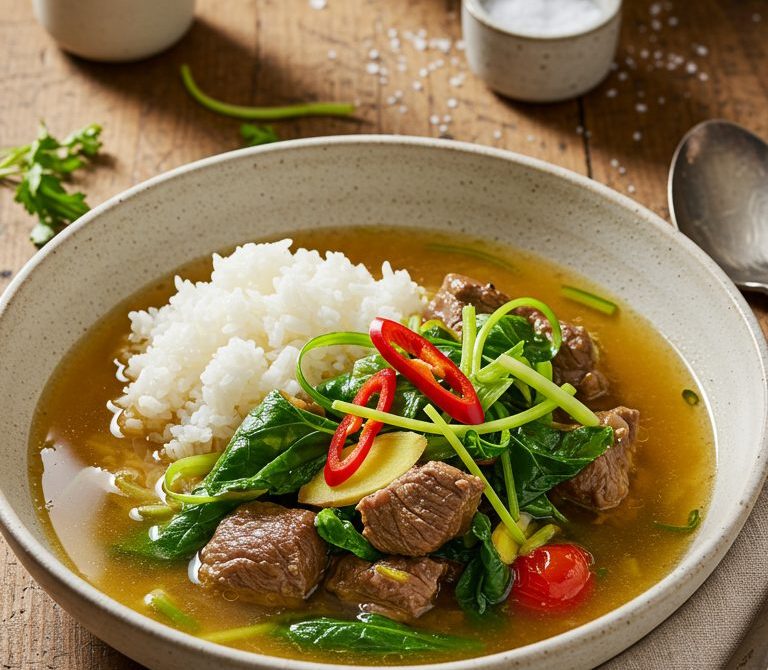 Malagasy Romazava Beef and Greens Stew Over Rice