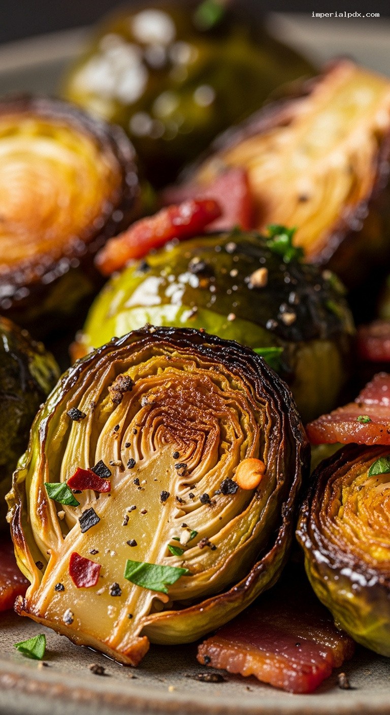 Maple Bacon Balsamic Roasted Brussels Sprouts – Closeup
