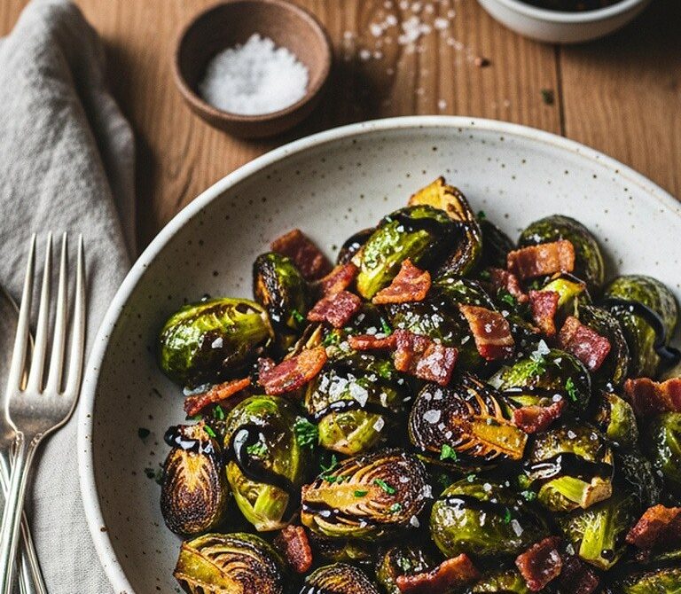 Maple Bacon Balsamic Roasted Brussels Sprouts