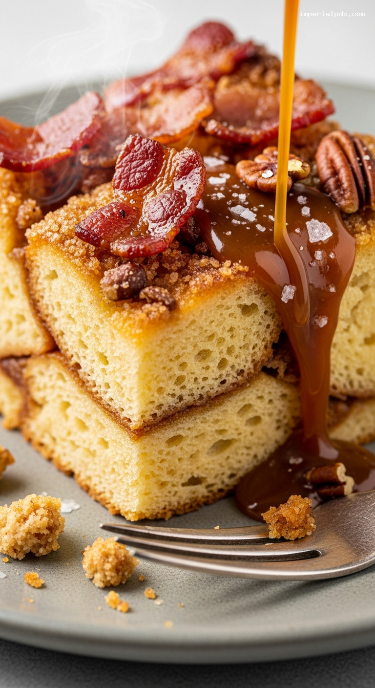 Maple Bacon Bread Pudding with Salted Caramel – Closeup