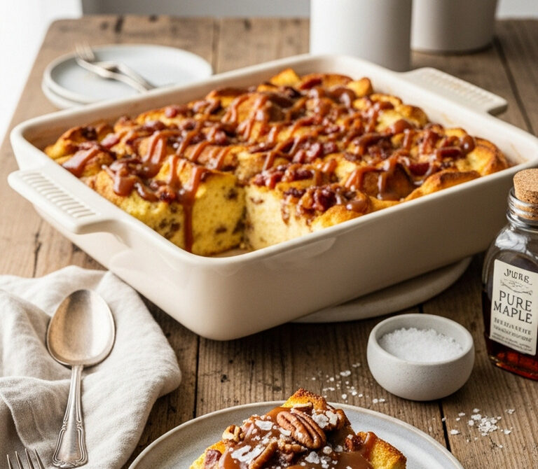 Maple Bacon Bread Pudding with Salted Caramel