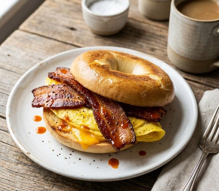 Maple Bacon, Egg and Cheese Bagel Breakfast Sandwich