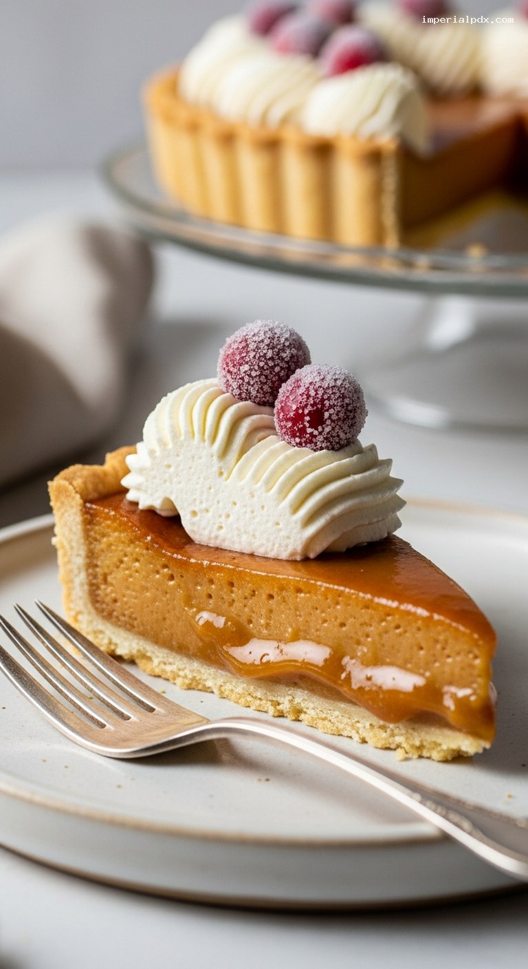 Maple Custard Tart with Whipped Cream and Sugared Cranberries – Closeup