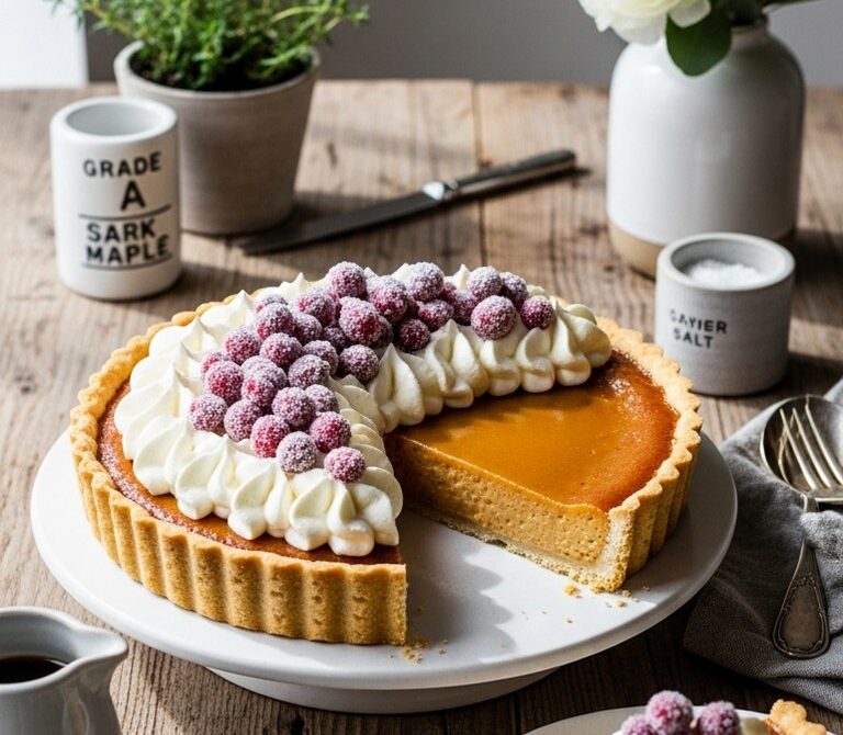 Maple Custard Tart with Whipped Cream and Sugared Cranberries