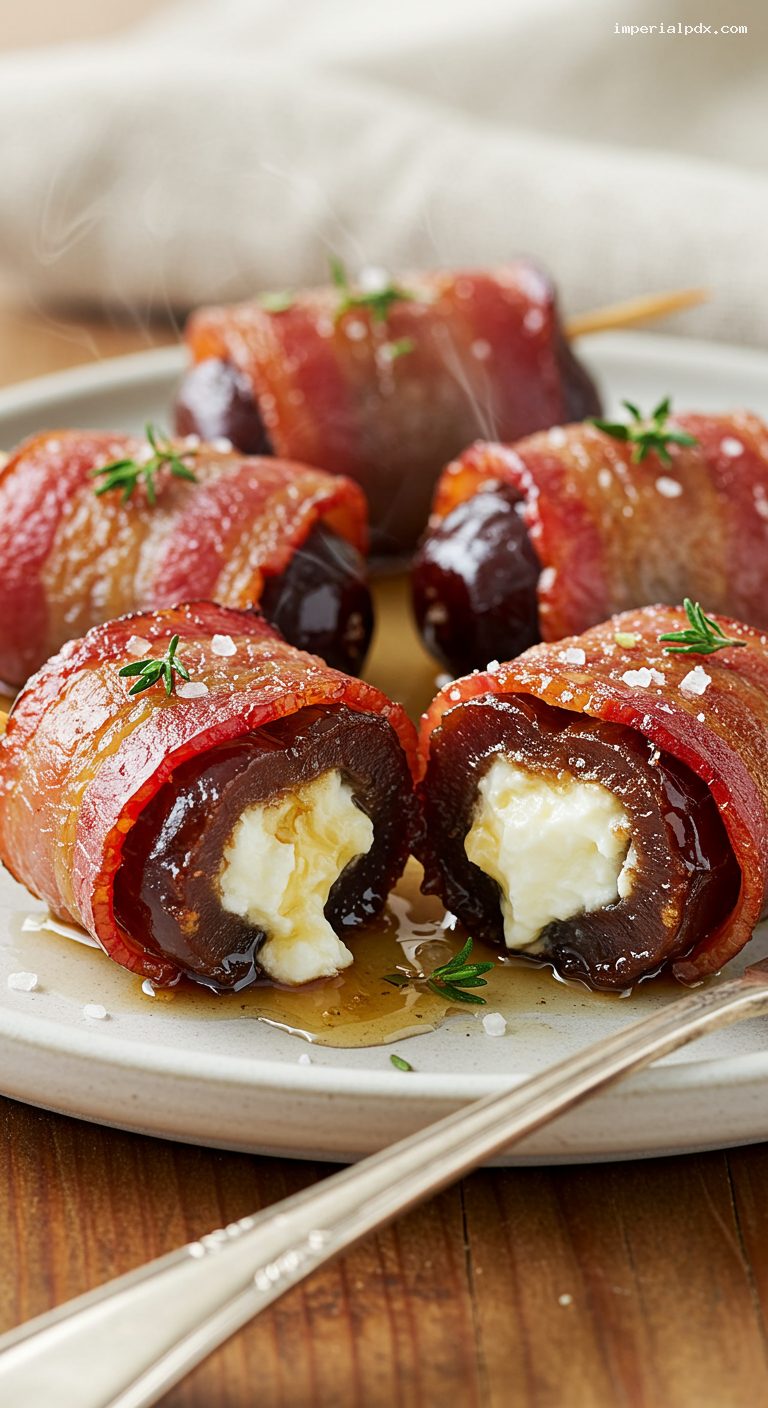 Maple-Glazed Bacon-Wrapped Dates with Goat Cheese – Closeup