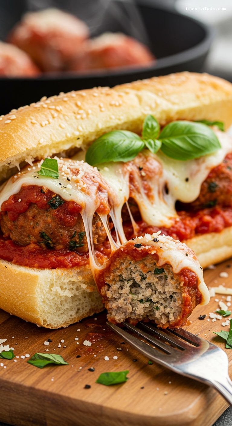 Meatball Parm Subs with Marinara and Mozzarella – Closeup