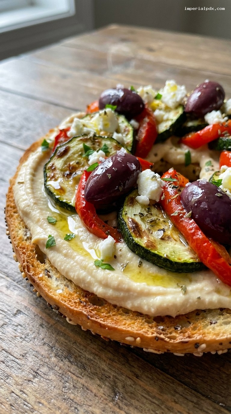 Mediterranean Hummus Everything Bagel With Roasted Veggies and Feta – Closeup