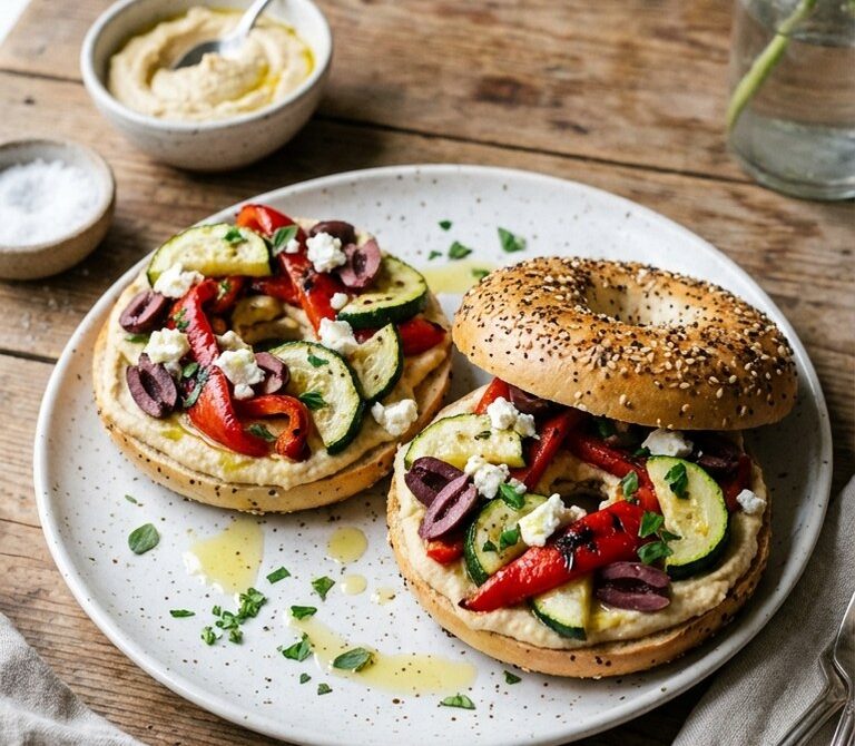 Mediterranean Hummus Everything Bagel With Roasted Veggies and Feta