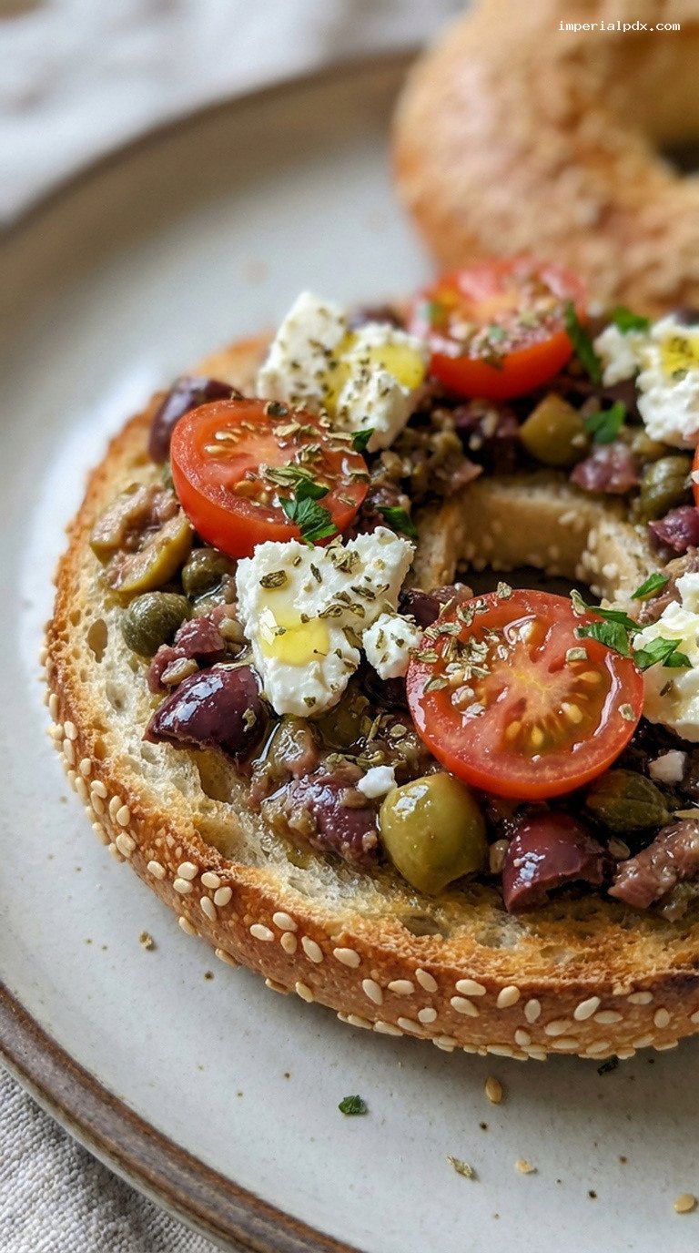 Mediterranean Olive Tapenade and Feta Bagel Snack – Closeup