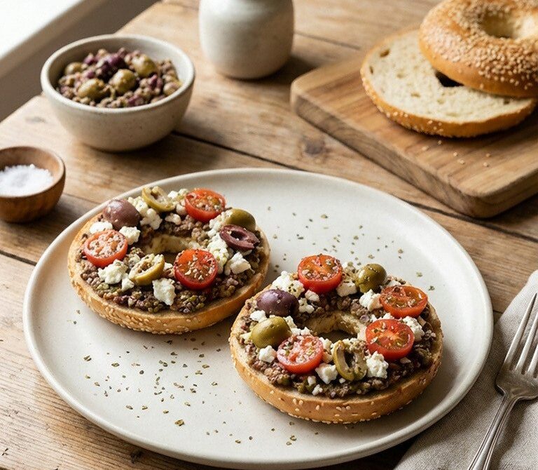 Mediterranean Olive Tapenade and Feta Bagel Snack