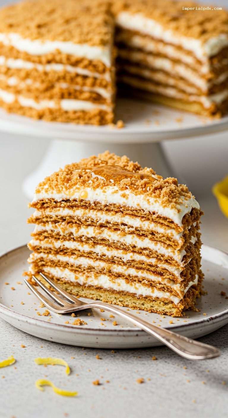 Medovik Honey Cake with Tangy Sour Cream Frosting – Closeup