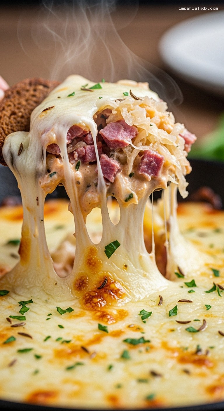 Melty Reuben Dip with Corned Beef and Swiss – Closeup