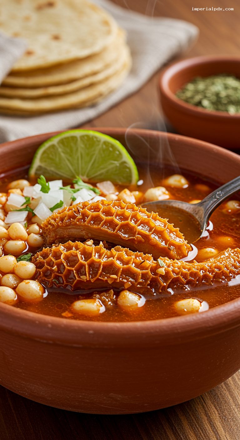 Menudo Rojo with Tripe and Hominy – Closeup