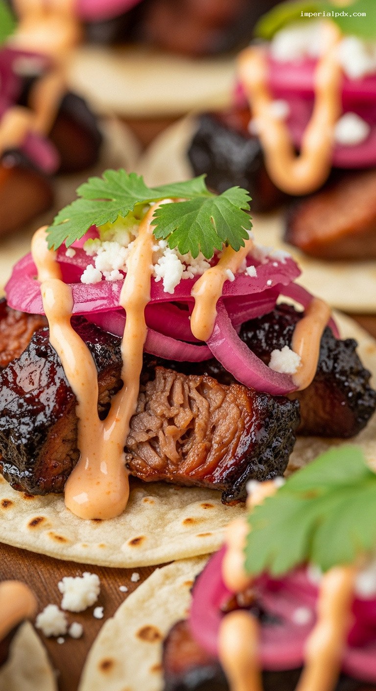 Mini Brisket Tacos with Pickled Onions and Chipotle Crema – Closeup