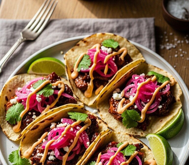 Mini Brisket Tacos with Pickled Onions and Chipotle Crema
