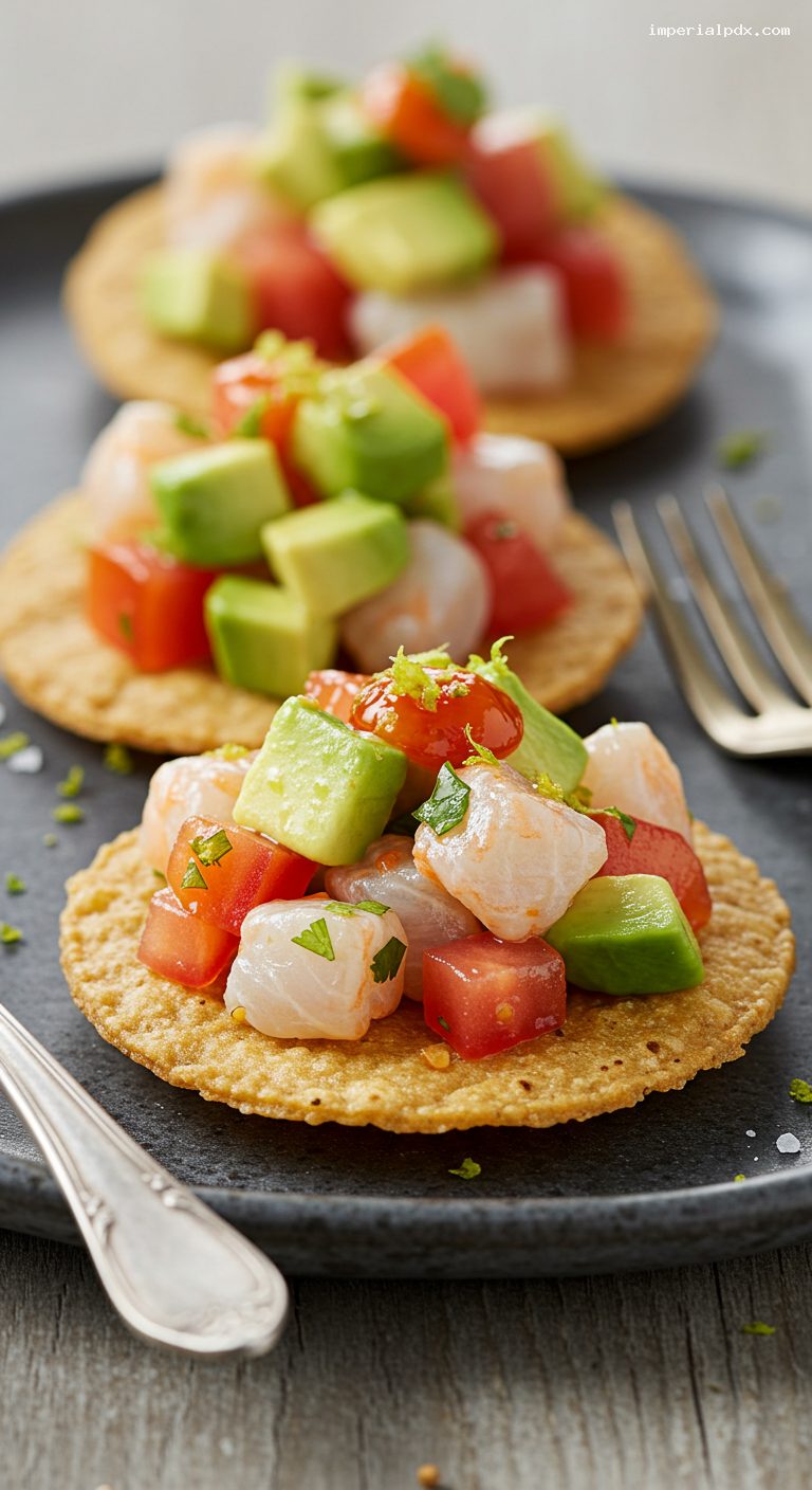 Mini Ceviche Tostadas with Avocado and Hot Sauce – Closeup