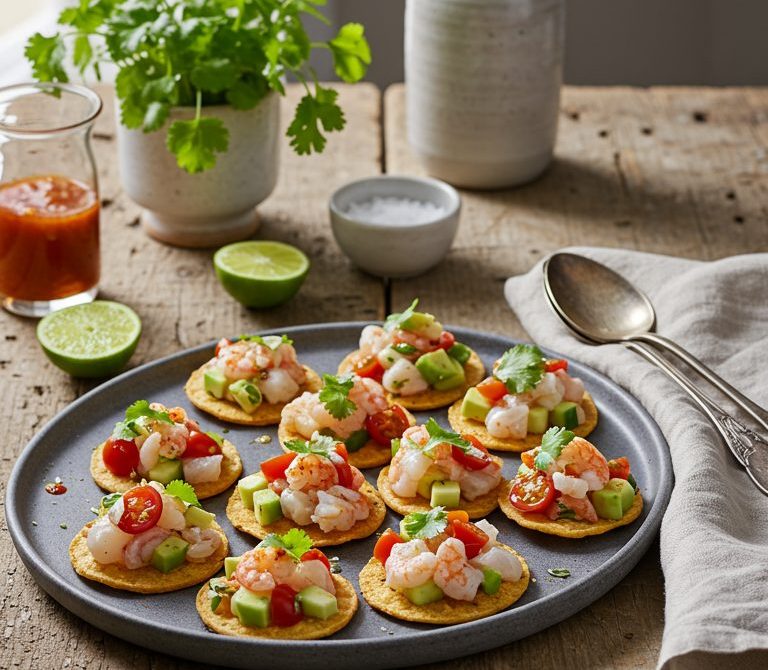 Mini Ceviche Tostadas with Avocado and Hot Sauce