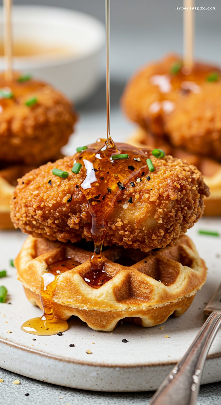 Mini Chicken and Waffle Bites with Hot Honey – Closeup