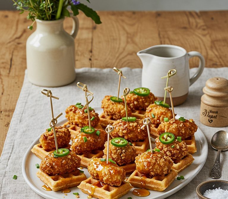 Mini Chicken and Waffle Bites with Hot Honey