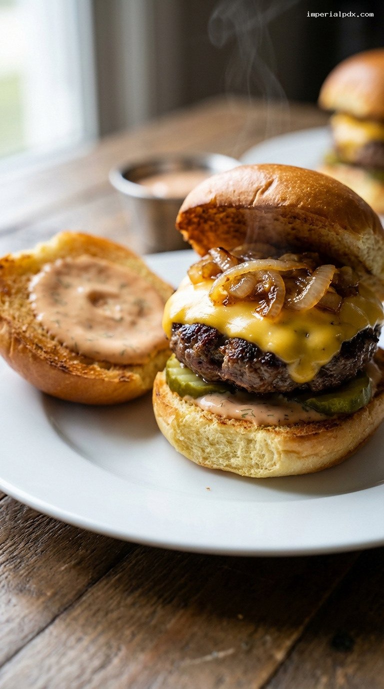 Mini Loaded Cheeseburger Sliders with Caramelized Onions – Closeup