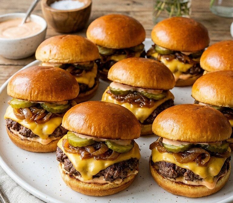Mini Loaded Cheeseburger Sliders with Caramelized Onions