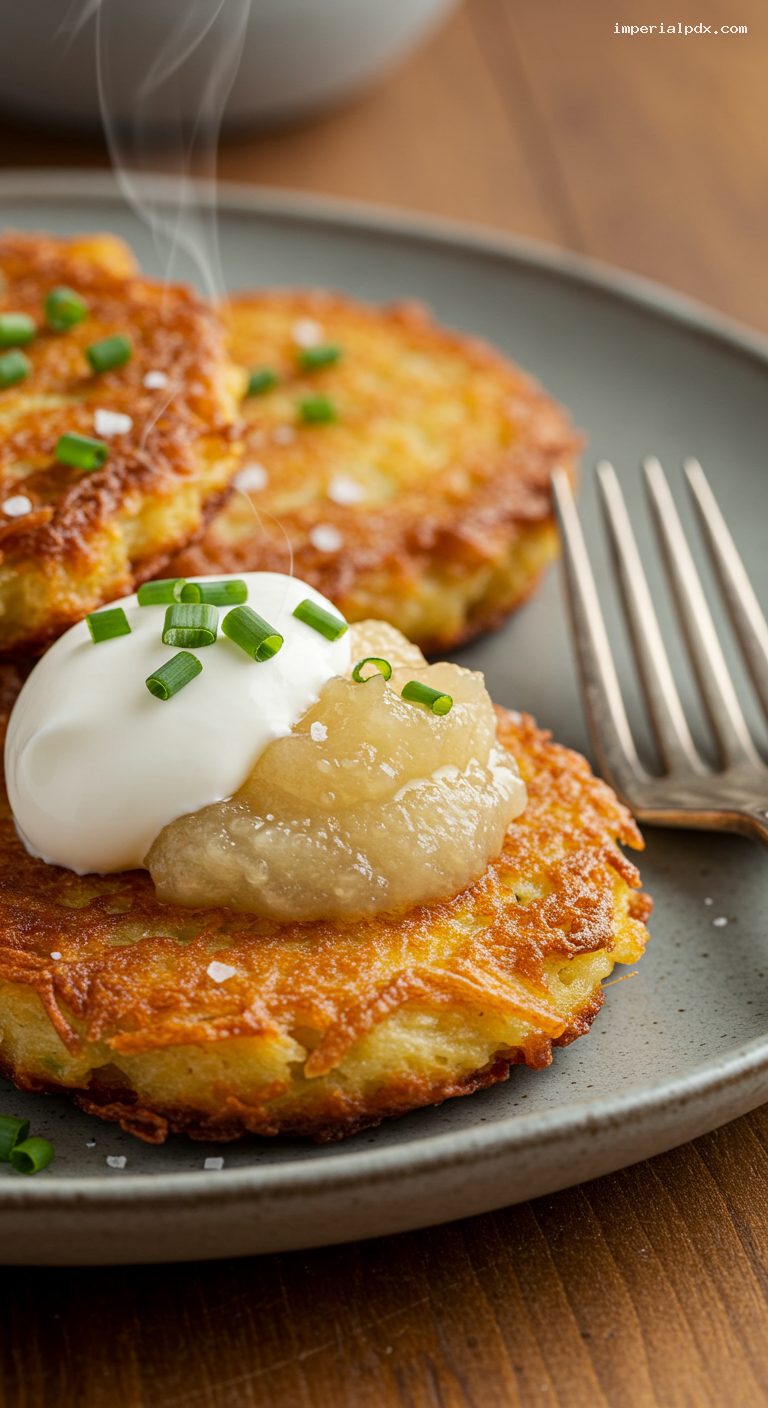Mini Potato Latkes with Applesauce, Sour Cream, and Chives – Closeup
