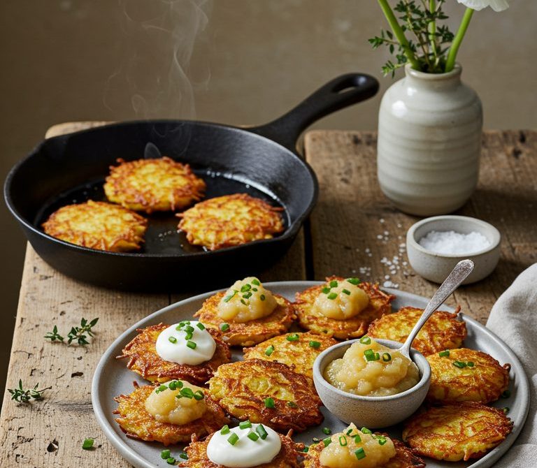 Mini Potato Latkes with Applesauce, Sour Cream, and Chives