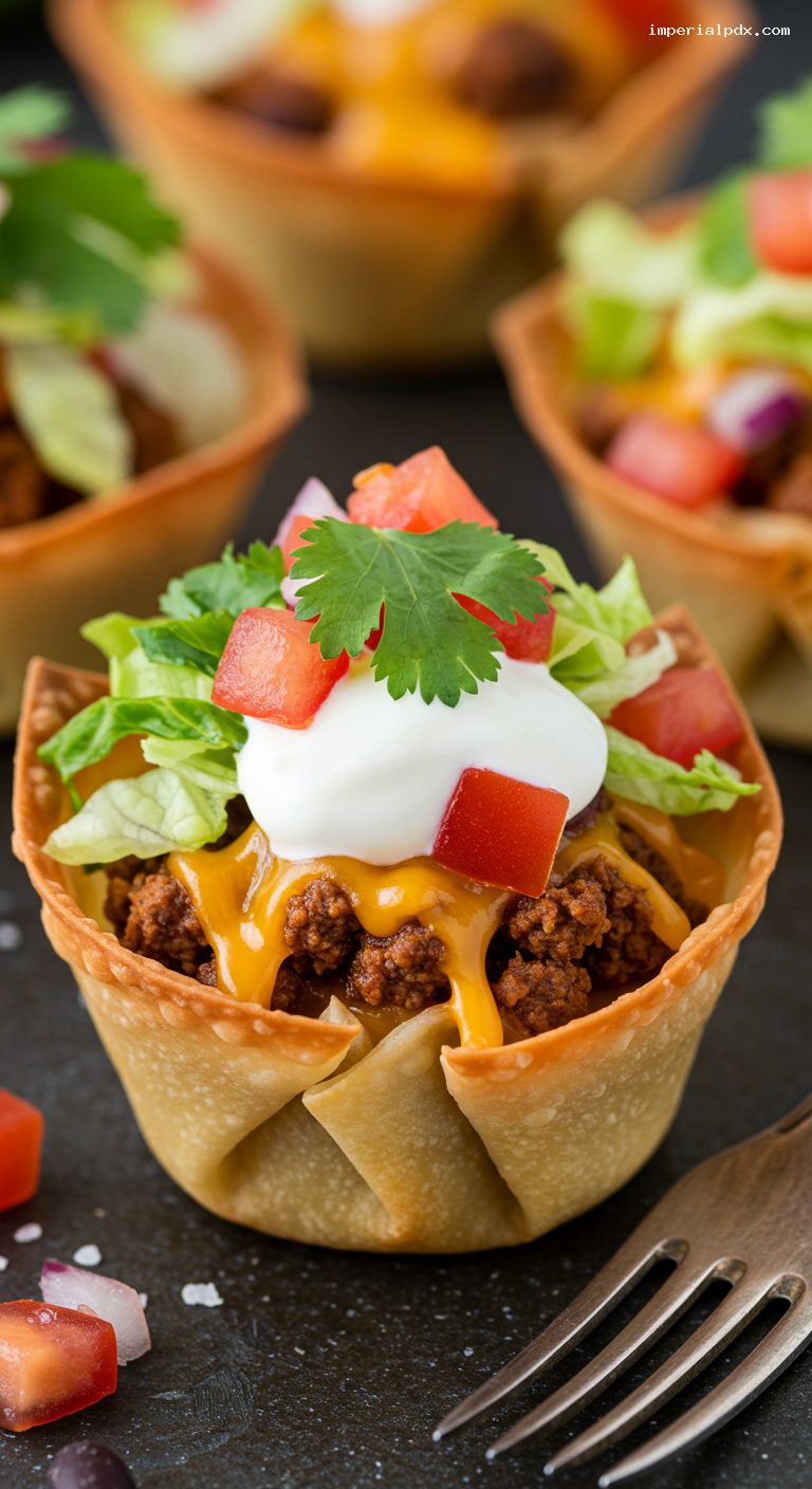 Mini Wonton Taco Cups with Beef or Black Beans – Closeup