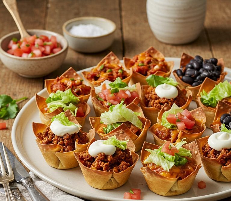Mini Wonton Taco Cups with Beef or Black Beans