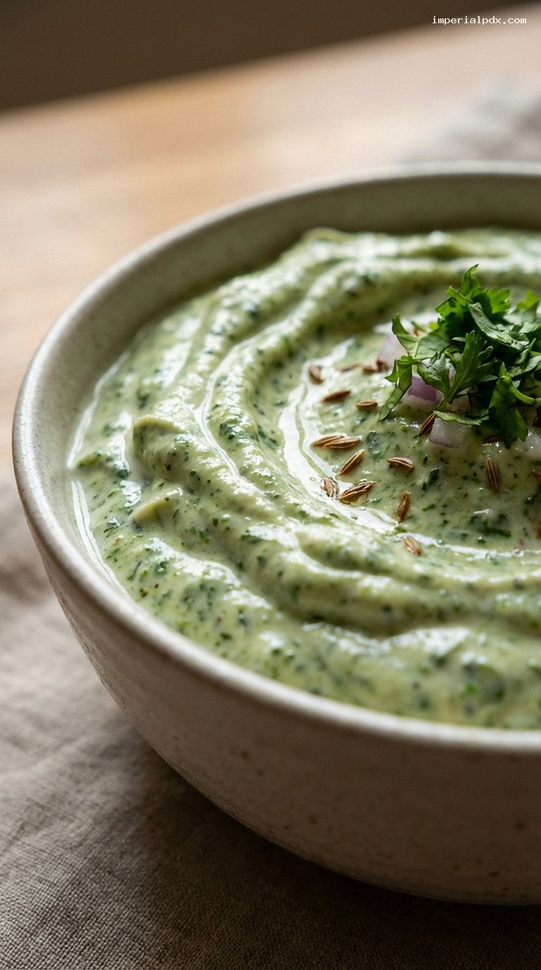 Mint Cilantro Yogurt Chutney for Samosas and Kebabs – Closeup