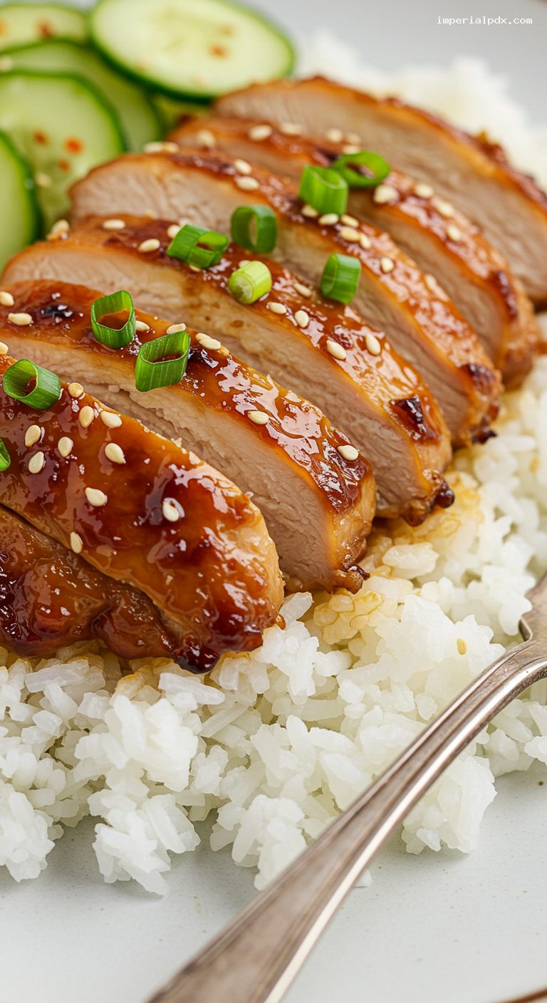 Misoyaki Chicken with Rice and Pickled Cucumbers – Closeup