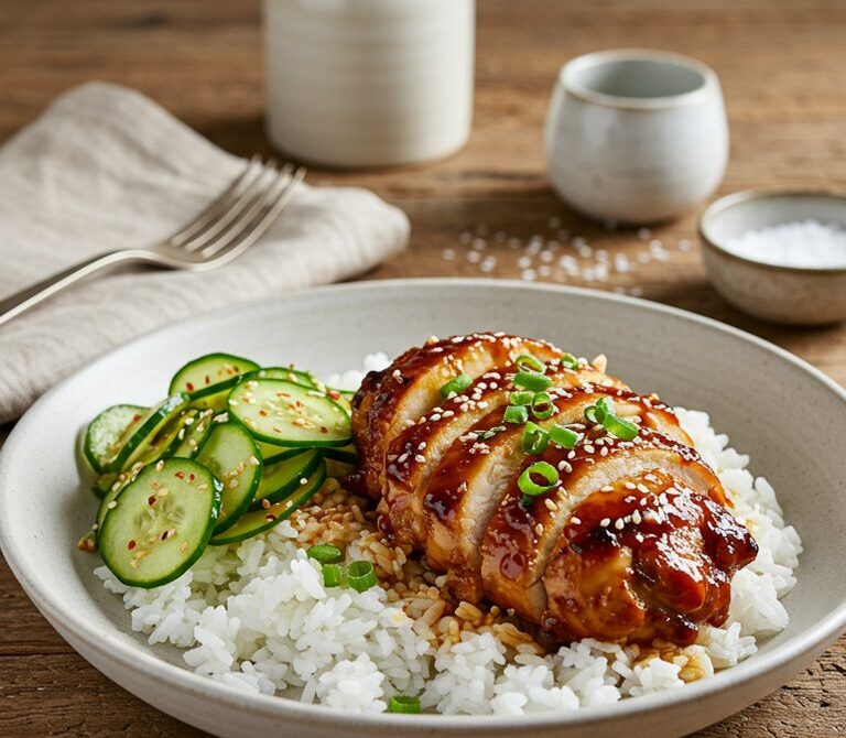 Misoyaki Chicken with Rice and Pickled Cucumbers