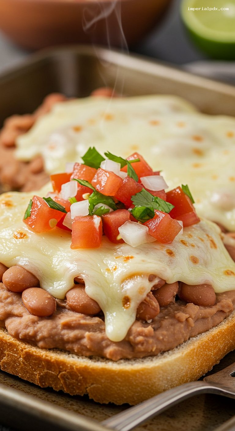 Molletes Breakfast Toasts with Beans, Cheese, and Pico – Closeup