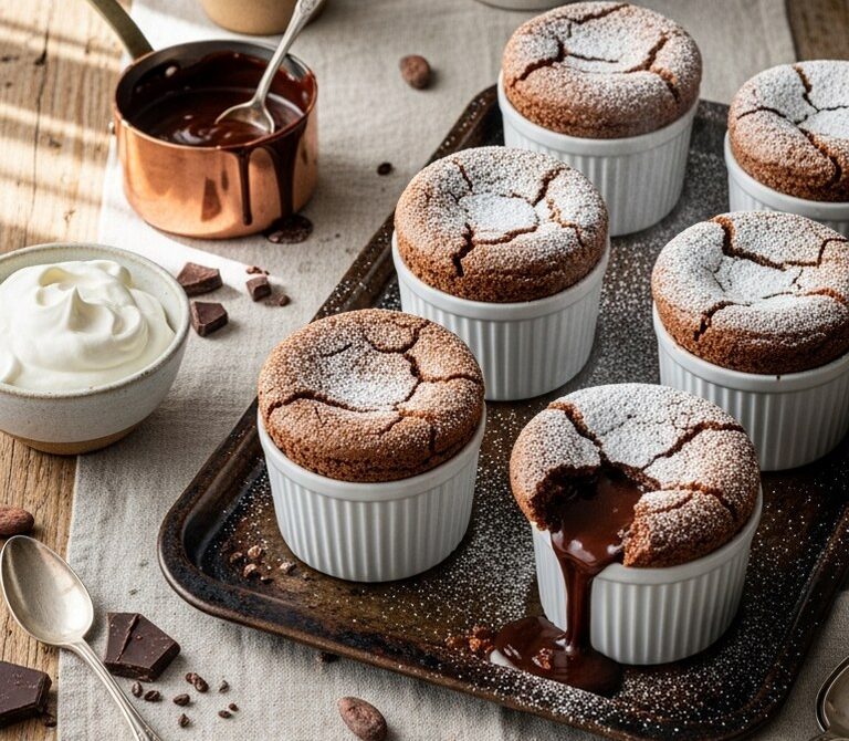 Molten Hot Chocolate Soufflé with Whipped Cream