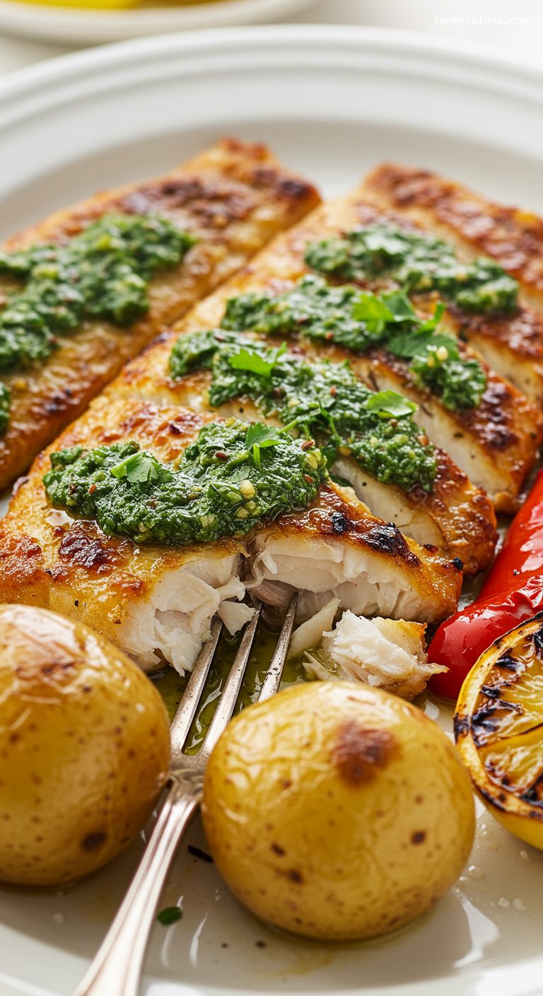 Moroccan Chermoula Grilled Fish with Roasted Peppers and Potatoes – Closeup
