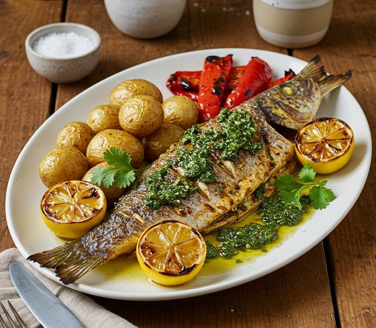 Moroccan Chermoula Grilled Fish with Roasted Peppers and Potatoes