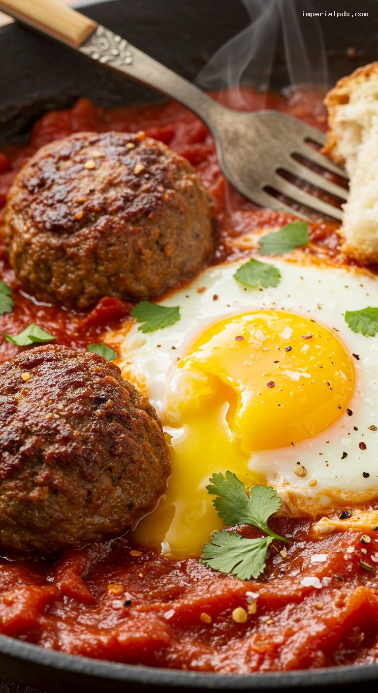 Moroccan Kefta Meatball Tagine with Eggs – Closeup