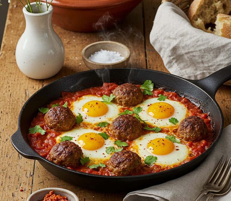 Moroccan Kefta Meatball Tagine with Eggs