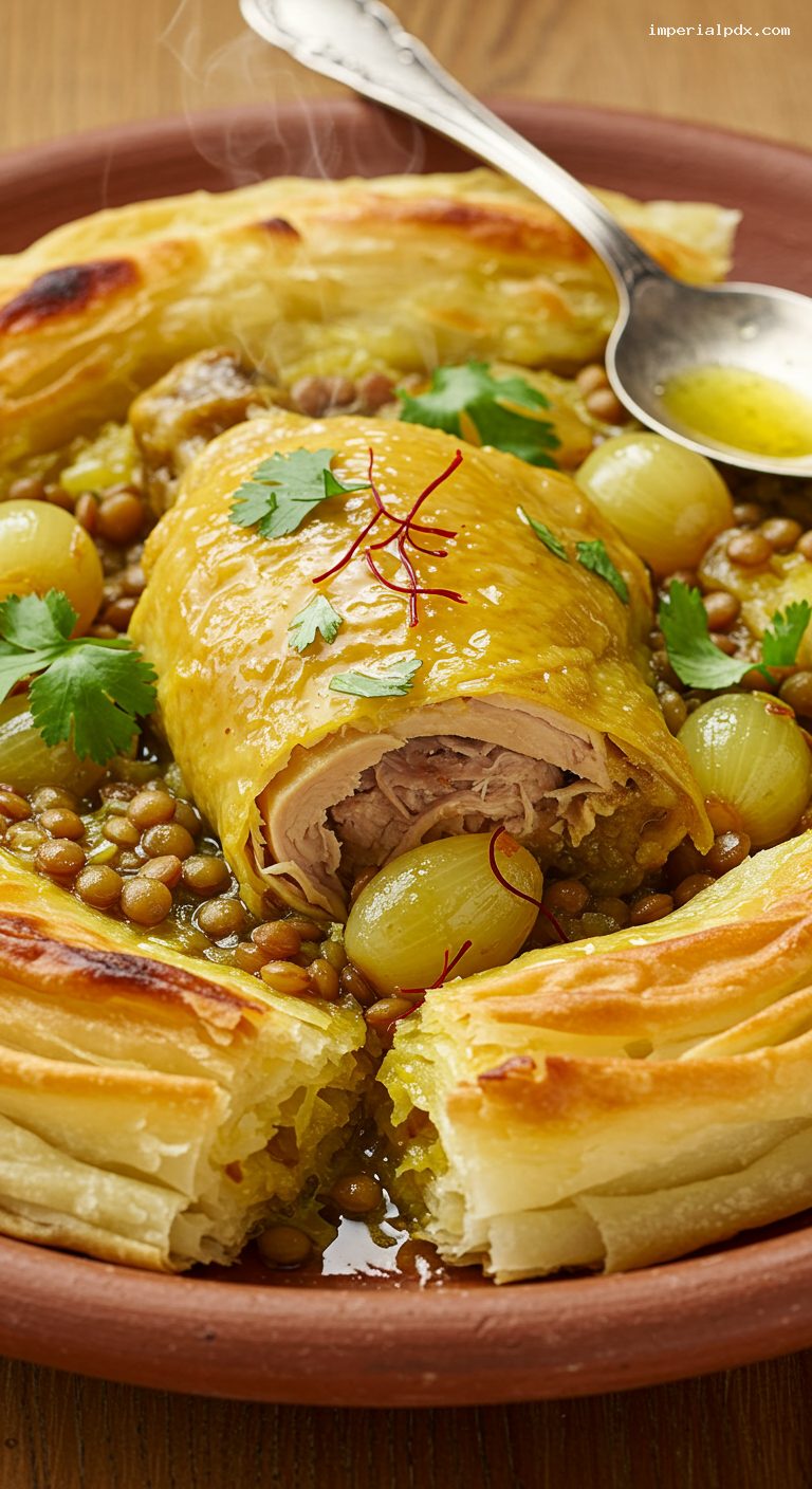 Moroccan Rfissa with Saffron Chicken and Lentils – Closeup