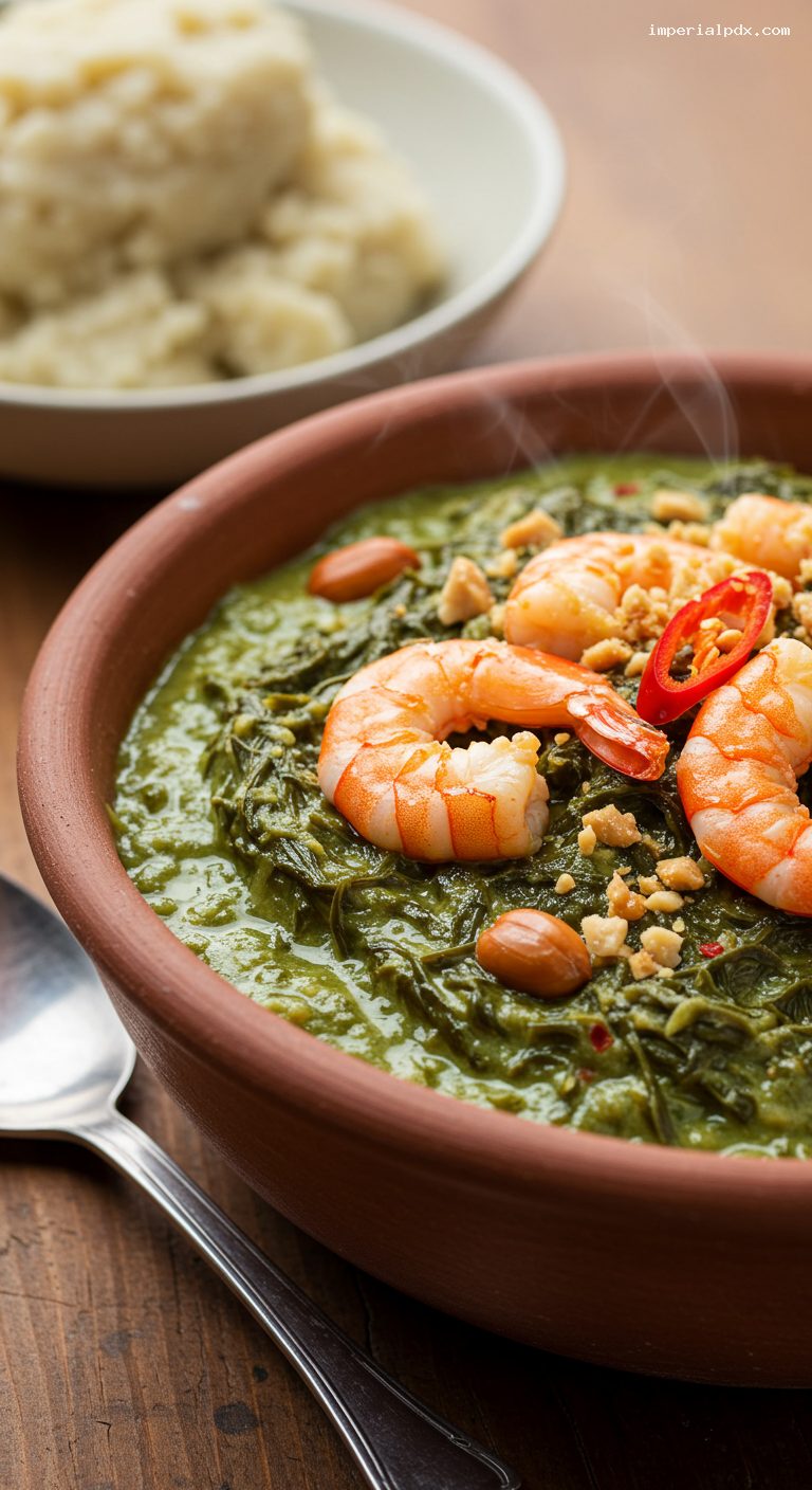 Mozambican Matapa with Coconut, Peanuts, and Prawns – Closeup