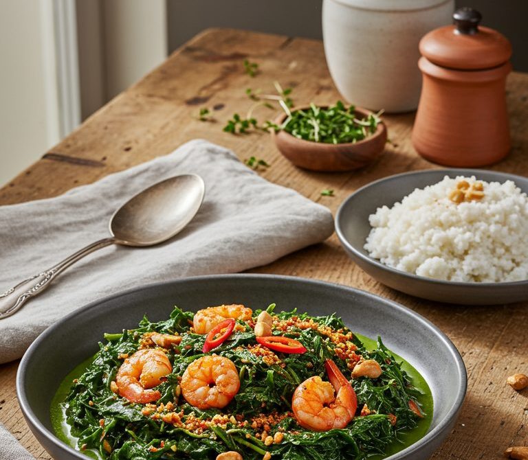 Mozambican Matapa with Coconut, Peanuts, and Prawns