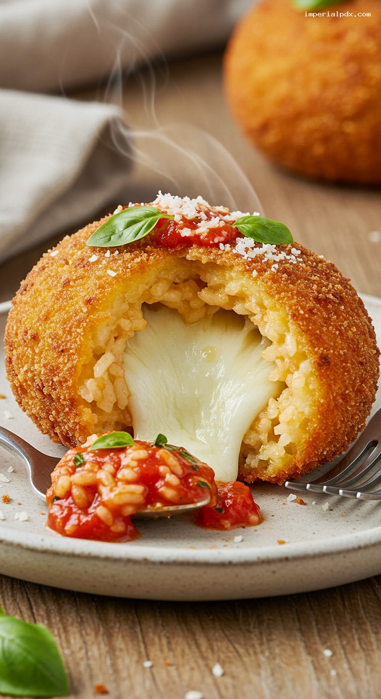 Mozzarella-Stuffed Arancini with Garlicky Marinara – Closeup