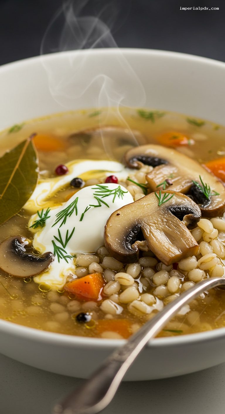Mushroom and Barley Soup with Dill and Sour Cream – Closeup