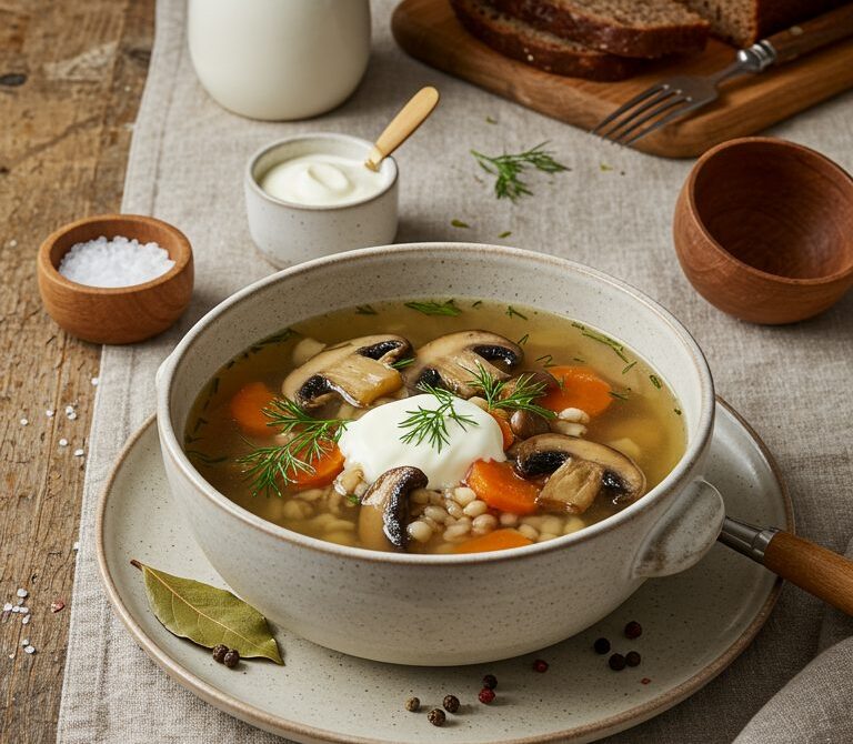 Mushroom and Barley Soup with Dill and Sour Cream
