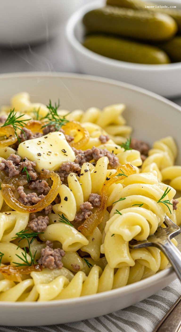Navy-Style Pasta with Ground Meat and Onions – Closeup