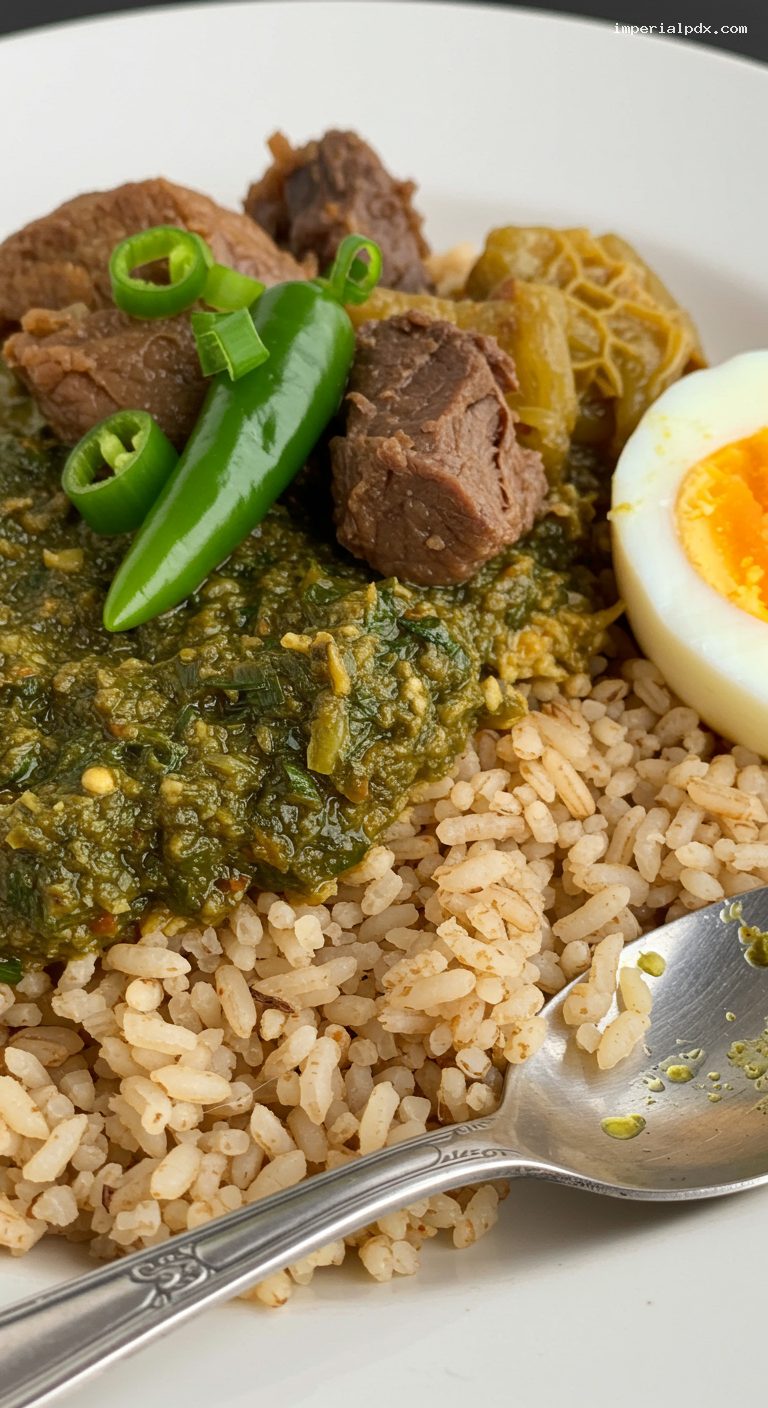 Nigerian Ofada Rice with Ayamase Stew – Closeup
