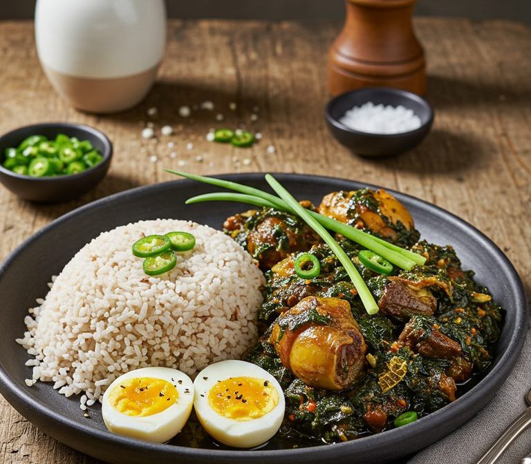 Nigerian Ofada Rice with Ayamase Stew