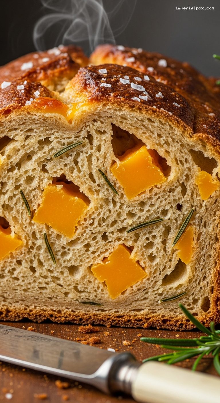 One-Bowl Cheddar Rosemary Beer Bread – Closeup